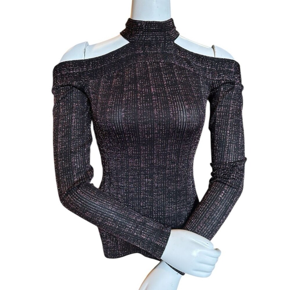 BCBG whimsygoth top black pink metallic choker neck festival S stretchy glam